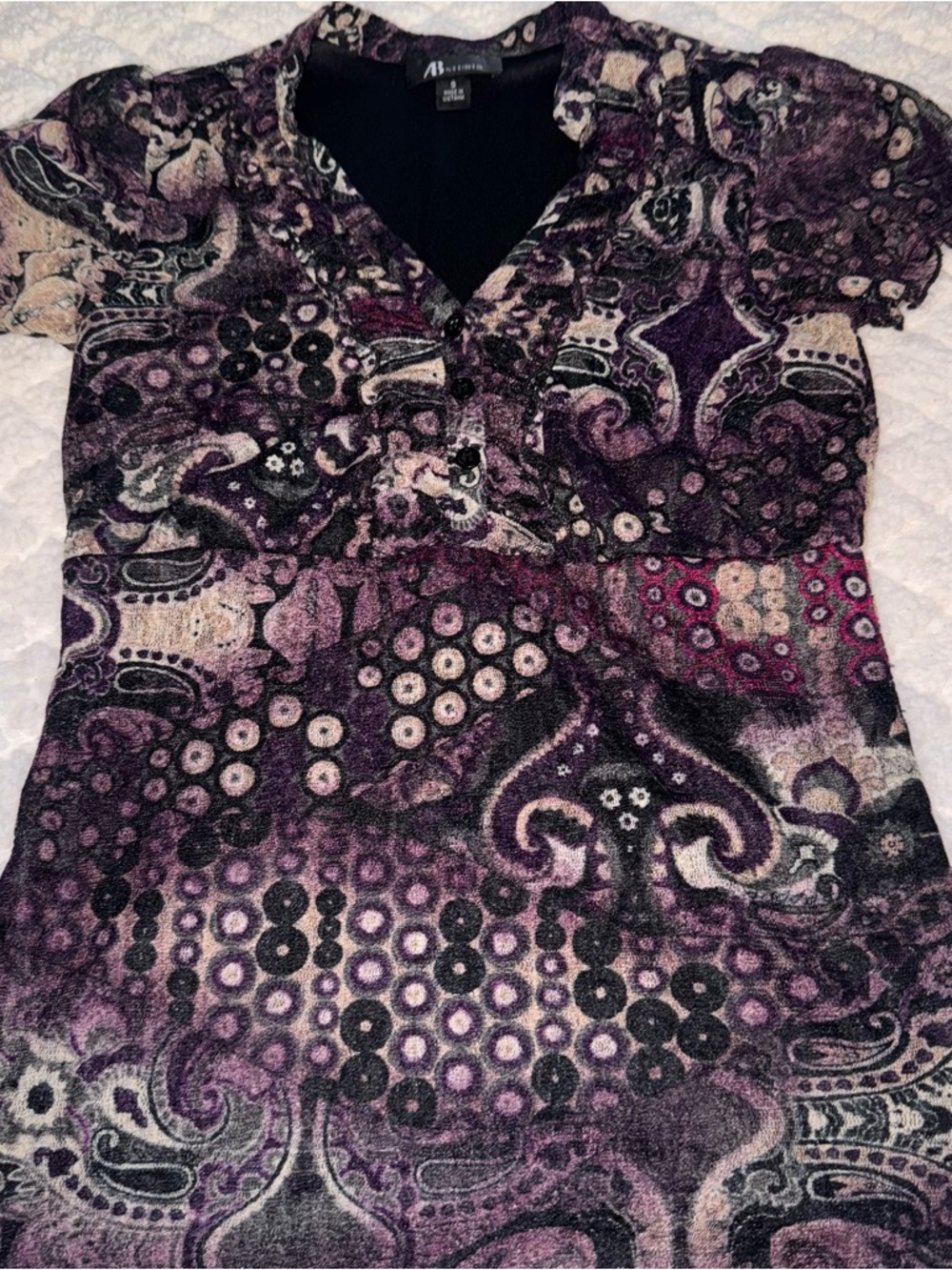 AB Studio Purple Paisley Empire Waist Short Sleeve Top - Picture 2 of 4